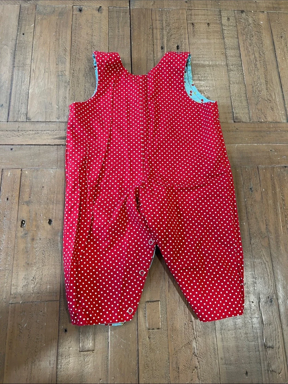 Boutique Aqua cherry print reversible red polka dot overalls 6-9 months